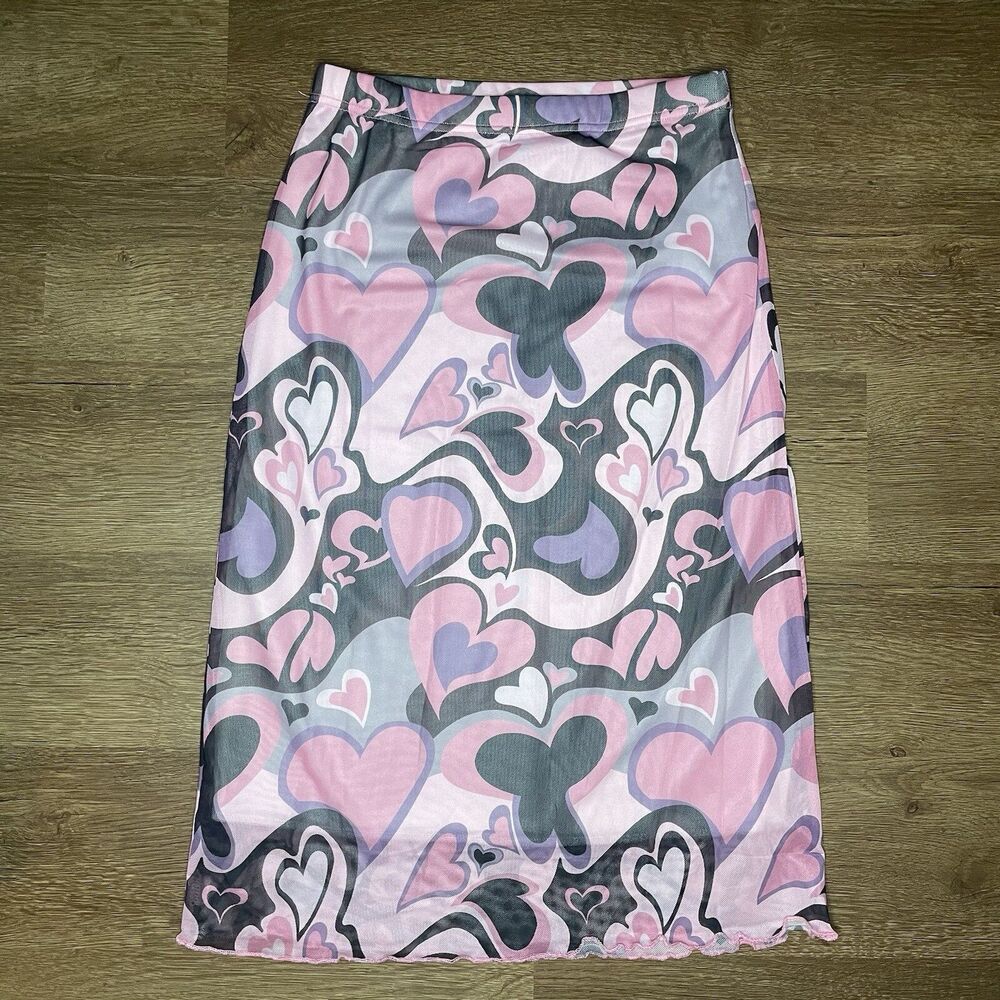 Y2K Pink, Black and Grey Heart Print Midi Skirt size S